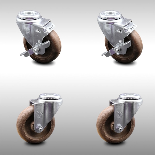4 Inch SS High Temp Glass Filled Nylon Swivel Bolt Hole Caster Set with 2 Brakes